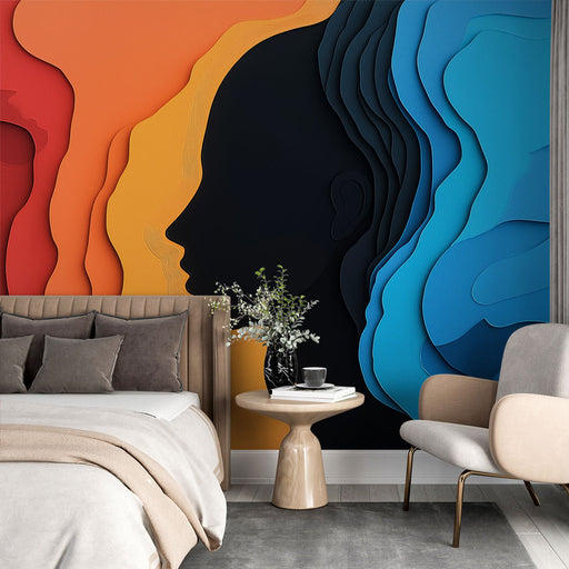 Papier peint design abstrait en relief avec silhouettes et couleurs vives pour salon moderne