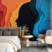 Papier peint design abstrait en relief avec silhouettes et couleurs vives pour salon moderne