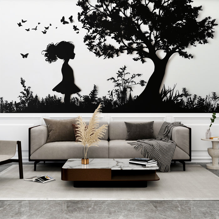Papier peint silhouette noir et blanc avec fille, arbre et papillons pour salon moderne