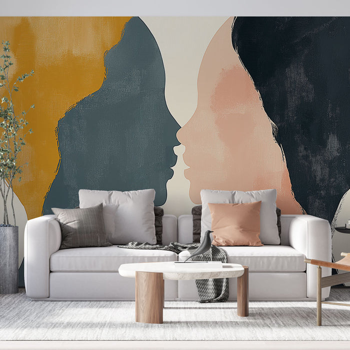 Papier peint moderne avec silhouettes de visages colorés sur fond neutre pour salon élégant
