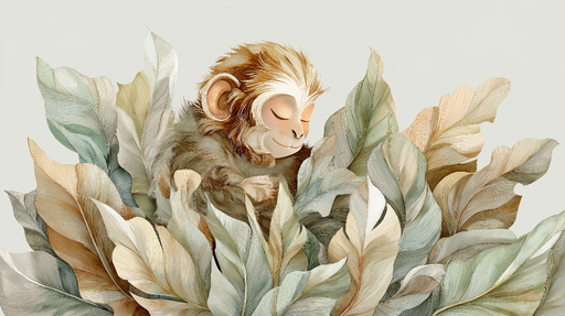 Papier peint singe et feuilles Un adorable singe endormi parmi des feuilles délicates