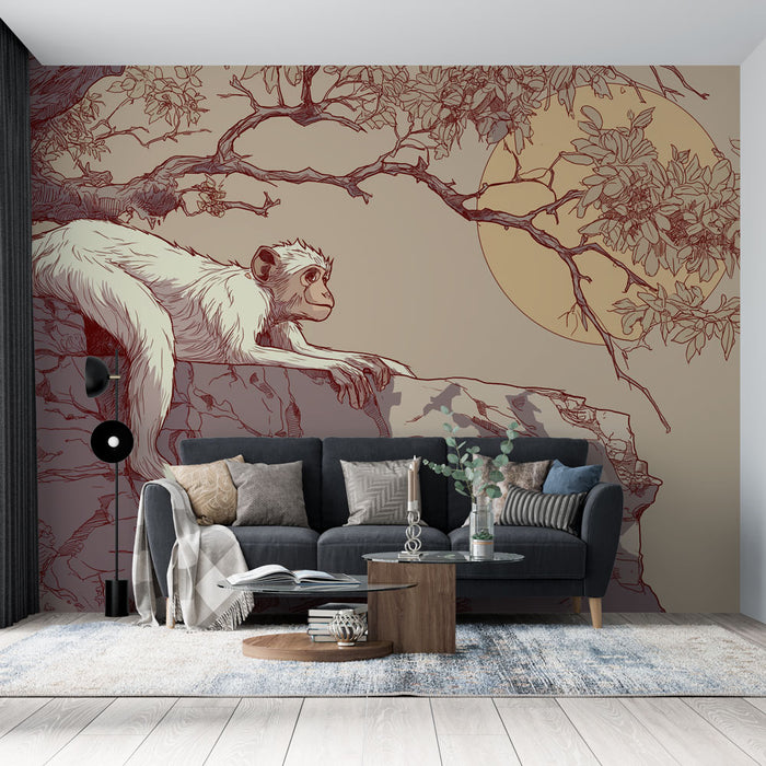 Un salon contemporain avec un papier peint illustrant un singe stylisé sur fond beige, créant une ambiance artistique et apaisante.