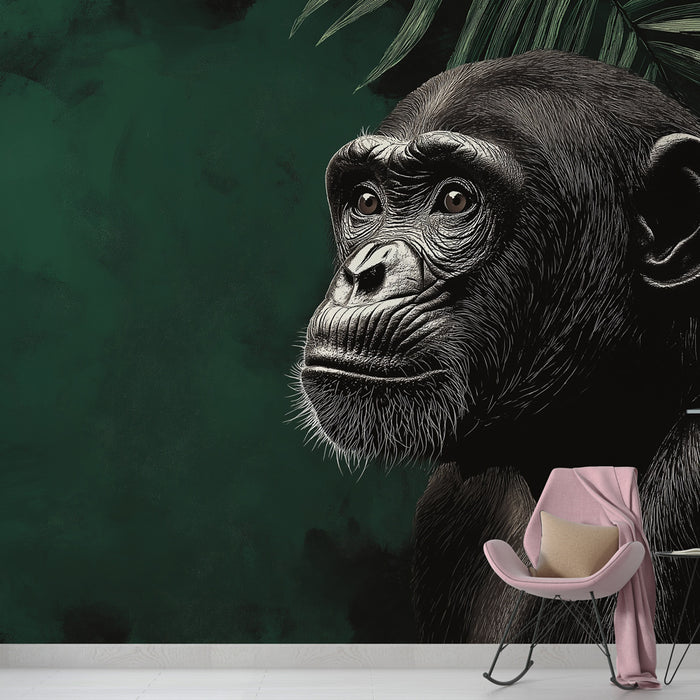 Papier peint singe | Portrait d'un singe majestueux sur un fond verdoyant