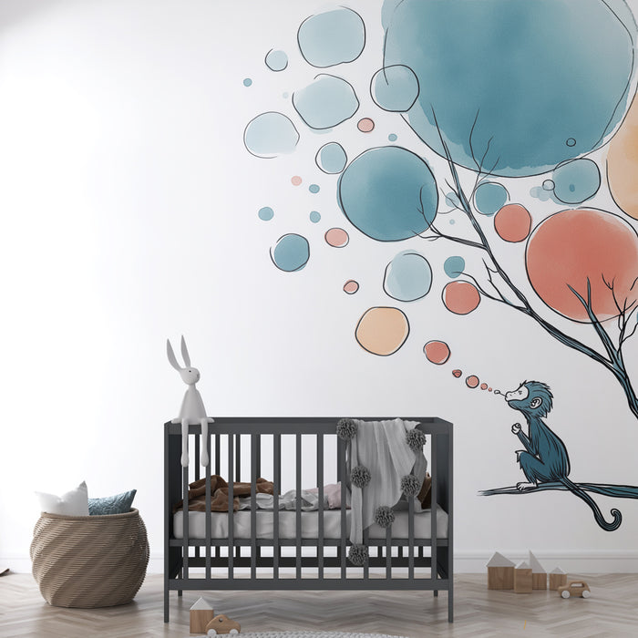 Une chambre d'enfant avec un papier peint ludique représentant un singe bleu et des bulles colorées, créant une atmosphère joyeuse et imaginative.