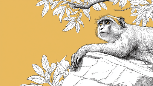 Papier peint singe Singe pensif sur fond jaune avec motifs de feuilles