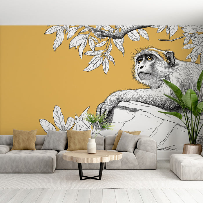 Un salon moderne avec un papier peint illustratif représentant un singe en noir et blanc sur fond jaune, créant une ambiance vivante et exotique.
