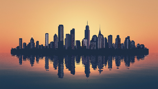 Papier peint skyline de New York Silhouette de la ville au coucher du soleil avec réflexion dans l'eau