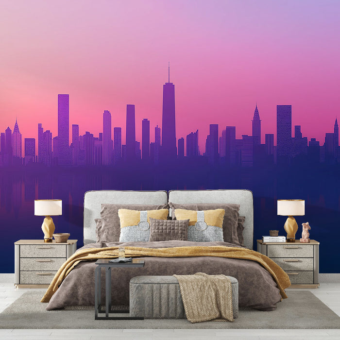 Une chambre moderne avec un papier peint représentant une silhouette urbaine sur fond dégradé de violet et rose, créant une ambiance à la fois dynamique et apaisante.