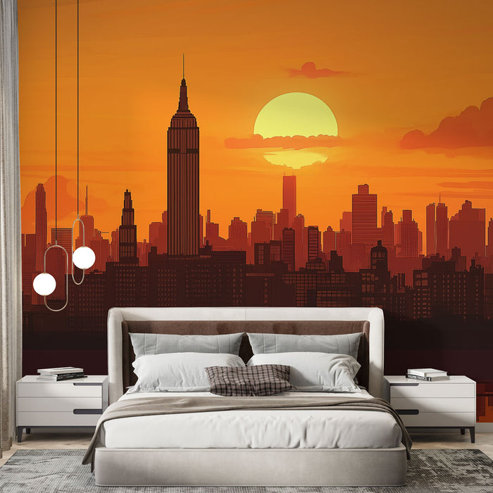 Une chambre moderne avec un papier peint représentant une silhouette de skyline new-yorkaise au coucher de soleil, dégageant une ambiance chaleureuse et urbaine.