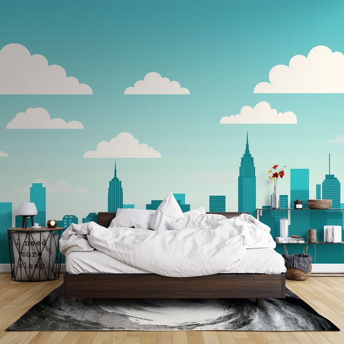 Une chambre moderne avec un papier peint graphique représentant un paysage urbain stylisé aux teintes turquoise et nuages blancs, créant une ambiance dynamique et rafraîchissante.