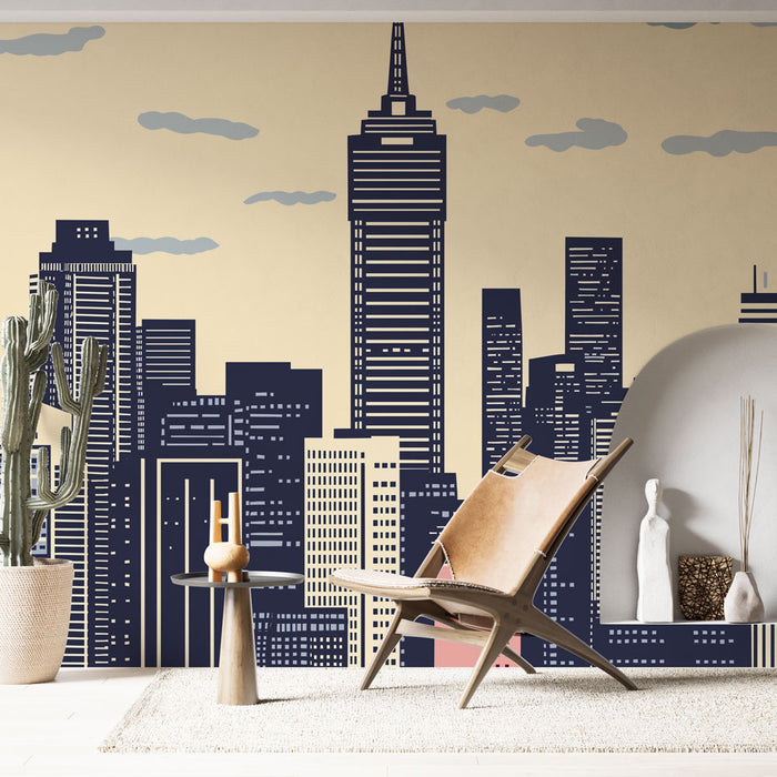 Une pièce moderne avec un papier peint représentant une skyline urbaine en bleu marine sur fond beige, créant une ambiance contemporaine et dynamique.