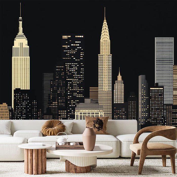 Un salon moderne avec un papier peint représentant une skyline dorée sur fond noir, évoquant une ambiance urbaine et élégante.