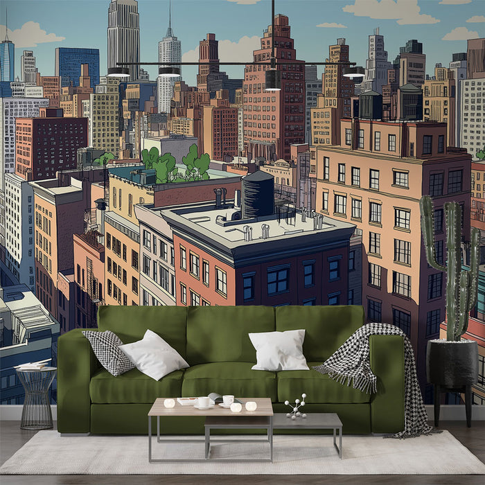 Un salon moderne avec un papier peint représentant une vue urbaine animée, aux teintes chaudes et aux lignes stylisées, créant une ambiance dynamique et contemporaine.