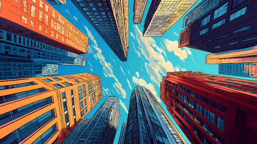 Papier peint skyline de New York Vue artistique des gratte-ciels sous un ciel bleu vibrant