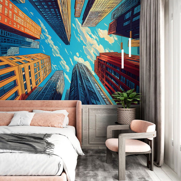 Une chambre moderne avec un papier peint illustrant une vue plongeante sur des gratte-ciels colorés, créant une ambiance urbaine dynamique et énergique.
