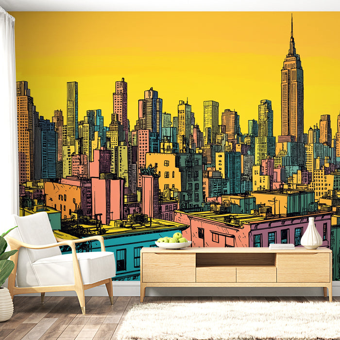 Une pièce moderne avec un papier peint illustrant une vue urbaine colorée et stylisée, évoquant une ambiance vibrante et dynamique.