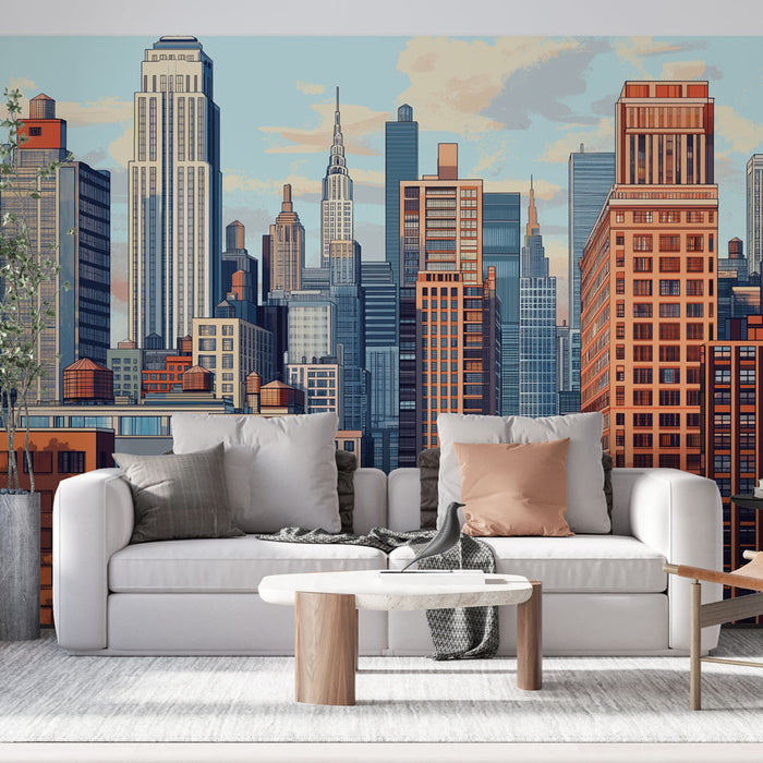 Un salon contemporain avec un papier peint représentant une skyline urbaine colorée, mêlant des bâtiments modernes et vintage dans des teintes de bleu, orange et beige.