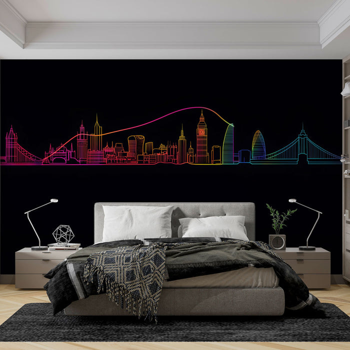 Papier peint skyline Londres avec ligne urbaine lumineuse sur fond noir pour décoration moderne de chambre