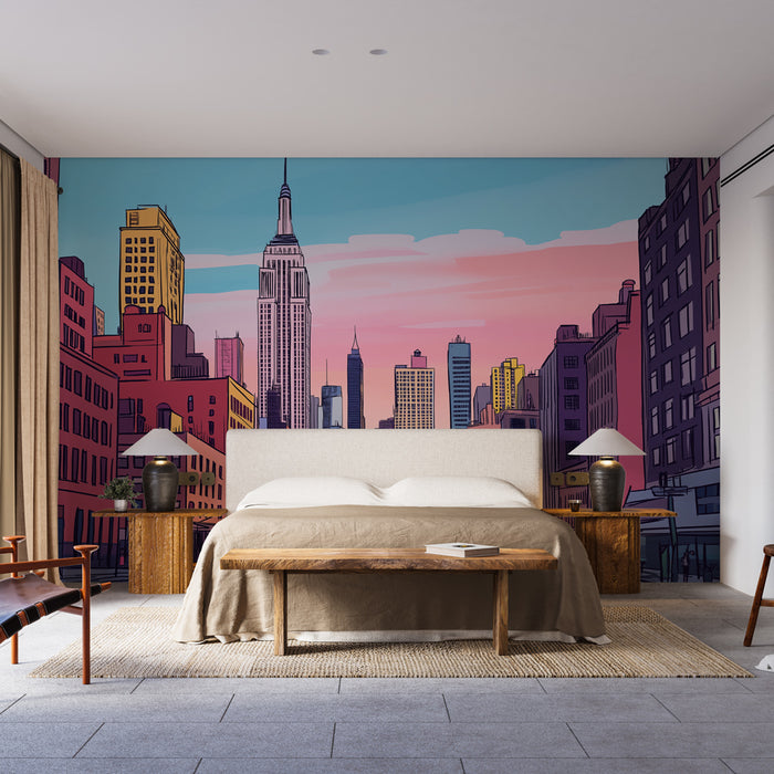 Une chambre moderne avec un papier peint illustrant un skyline urbain coloré au coucher de soleil, créant une ambiance dynamique et contemporaine.