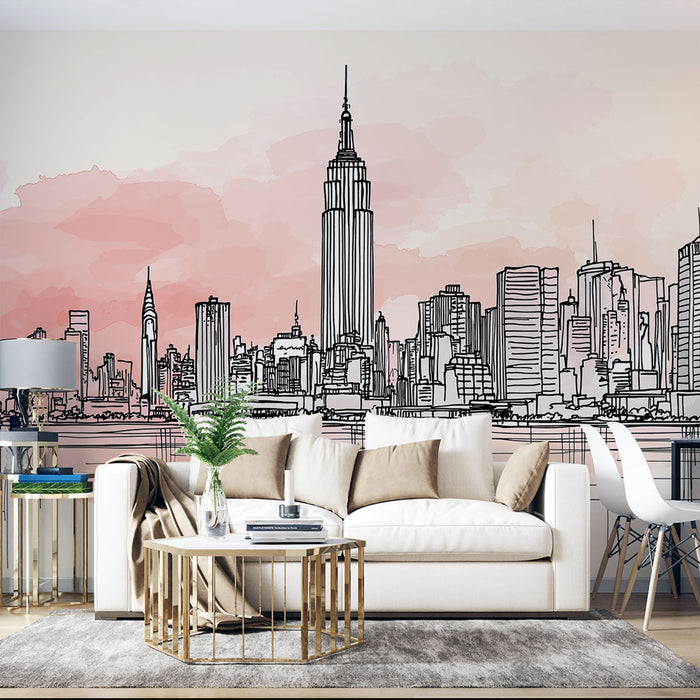 Un salon contemporain avec un papier peint représentant une silhouette de New York en noir sur fond rose, créant une atmosphère urbaine et élégante.