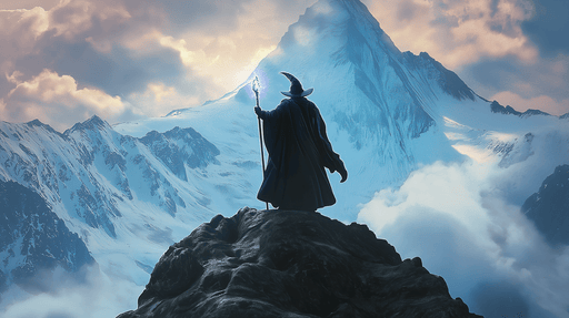 Papier peint sorcier Magicien sur une montagne enneigée sous un ciel dramatique