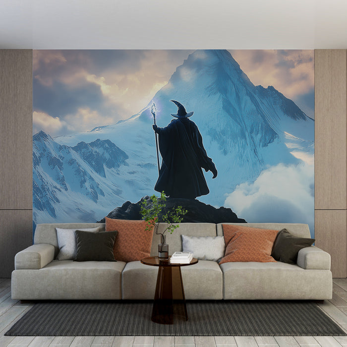 Un salon moderne avec un papier peint fantastique représentant un sorcier silhouette sur fond de montagnes majestueuses, créant une ambiance mystique et inspirante.