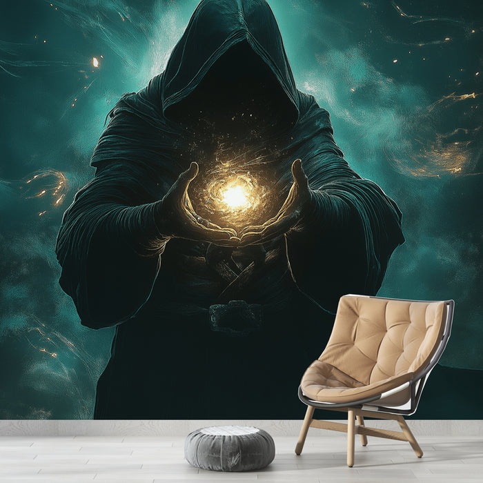 Papier peint sorcier | Sorcier mystérieux tenant une sphère lumineuse