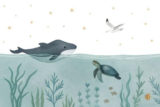 Papier peint sous-marin Baleines et tortues dans un environnement paisible