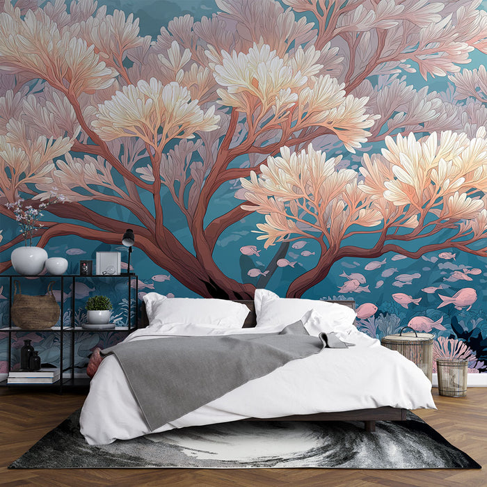 Une chambre moderne avec un papier peint représentant un arbre aux fleurs délicates sur fond bleu, évoquant une ambiance apaisante et naturelle.