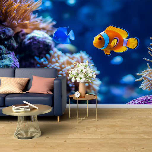 Papier peint sous-marin avec poissons colorés et coraux vibrants pour salon moderne