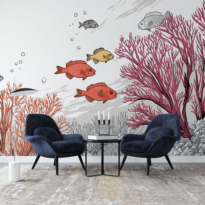 Une pièce moderne avec un papier peint aquatique représentant des poissons colorés et des coraux stylisés, évoquant une ambiance marine vivante et apaisante.