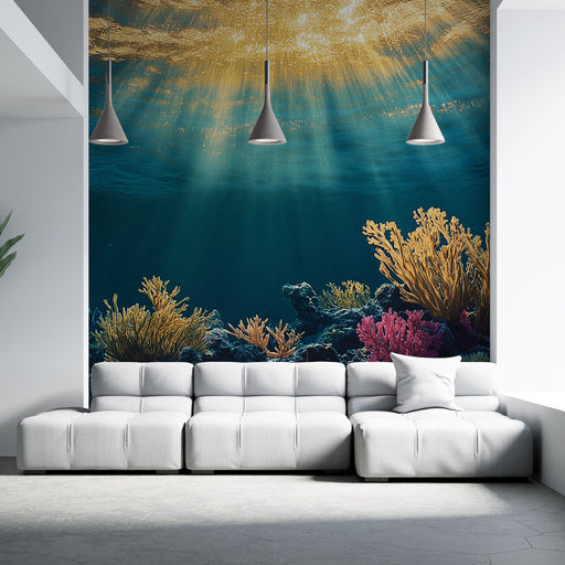 Papier peint sous-marin avec scène aquatique vibrante et coraux colorés pour salon moderne