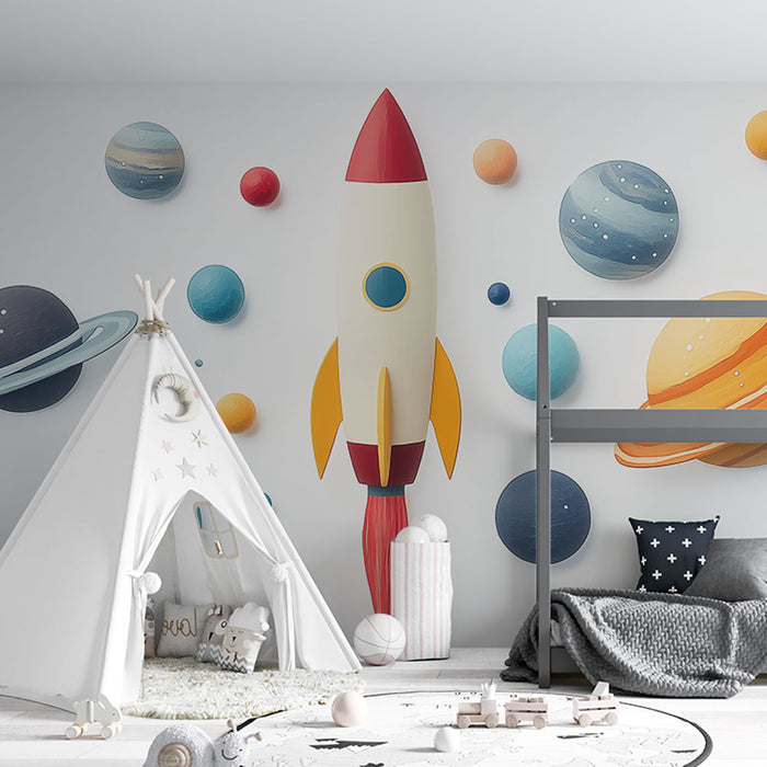 Papier peint spatial avec fusée et planètes colorées en relief pour chambre d'enfant.