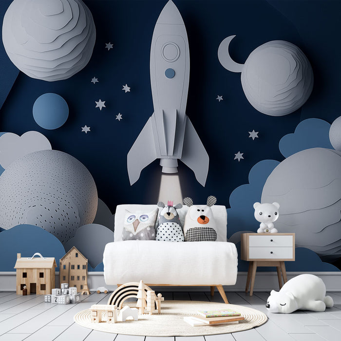 Papier peint spatial avec fusée et planètes en relief sur fond bleu pour chambre d'enfant.
