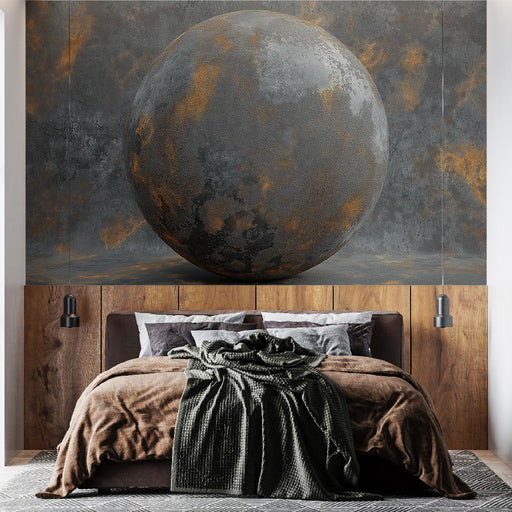 Papier peint sphérique métallique avec surface texturée en nuances de gris et or pour chambre moderne