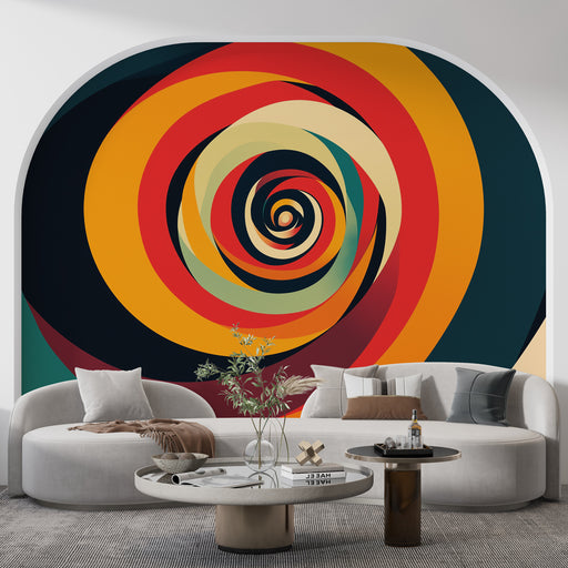 Papier peint design moderne avec spirale colorée aux couleurs vives et dynamiques pour salon contemporain