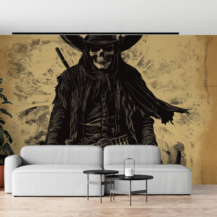 Un salon contemporain avec un papier peint représentant un personnage squelettique au style western sur fond doré, créant une ambiance audacieuse et intrigante.