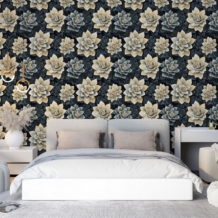 Une chambre moderne avec un papier peint floral représentant des succulentes aux teintes crème et bleu-vert sur un fond noir, créant une ambiance élégante et apaisante.