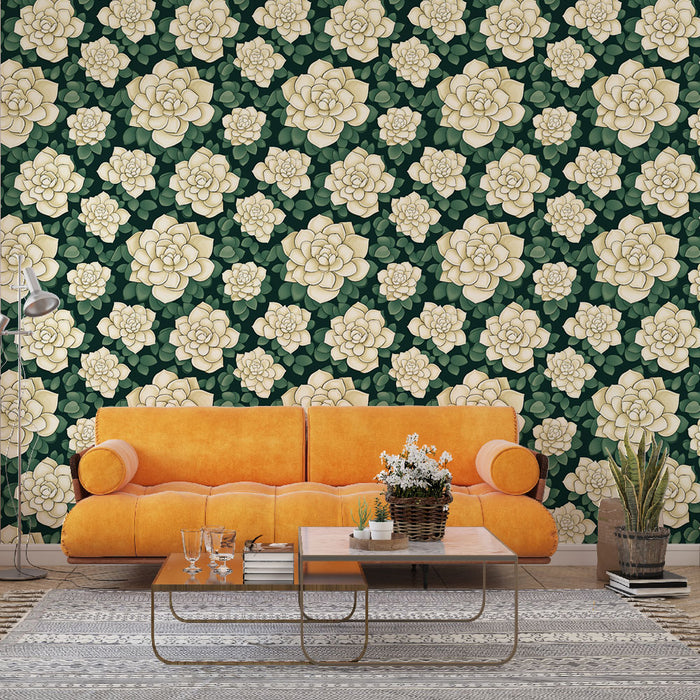 Un salon moderne avec un papier peint floral représentant de grandes fleurs blanches sur fond vert foncé, créant une atmosphère fraîche et apaisante.