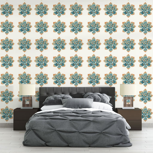 Une chambre moderne avec un papier peint floral représentant des succulentes turquoise sur fond clair, créant une atmosphère apaisante et naturelle.
