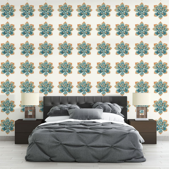 Une chambre moderne avec un papier peint floral représentant des succulentes turquoise sur fond clair, créant une atmosphère apaisante et naturelle.