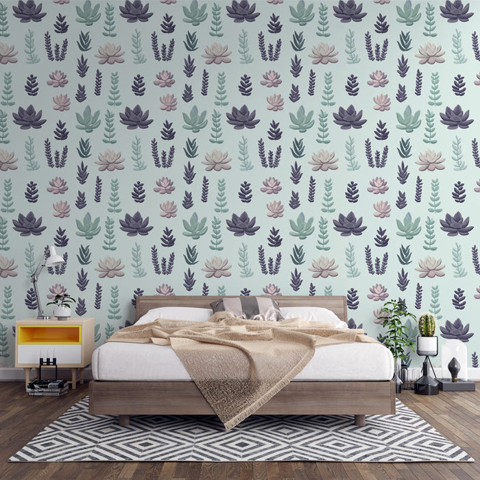 Une chambre moderne avec un papier peint floral représentant des succulentes aux teintes douces sur un fond bleu clair, créant une atmosphère apaisante et naturelle.