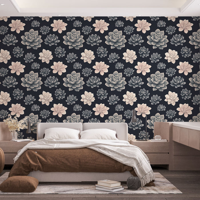 Une chambre moderne avec un papier peint floral représentant des succulentes aux teintes douces sur un fond noir, créant une ambiance élégante et apaisante.