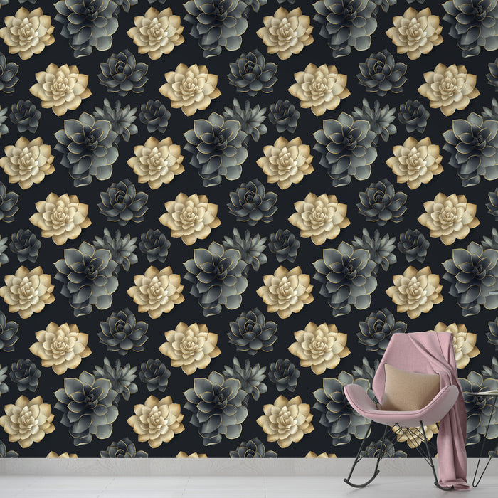 Un salon contemporain avec un papier peint floral représentant des succulentes dorées et grises sur un fond noir, créant une ambiance élégante et sophistiquée.