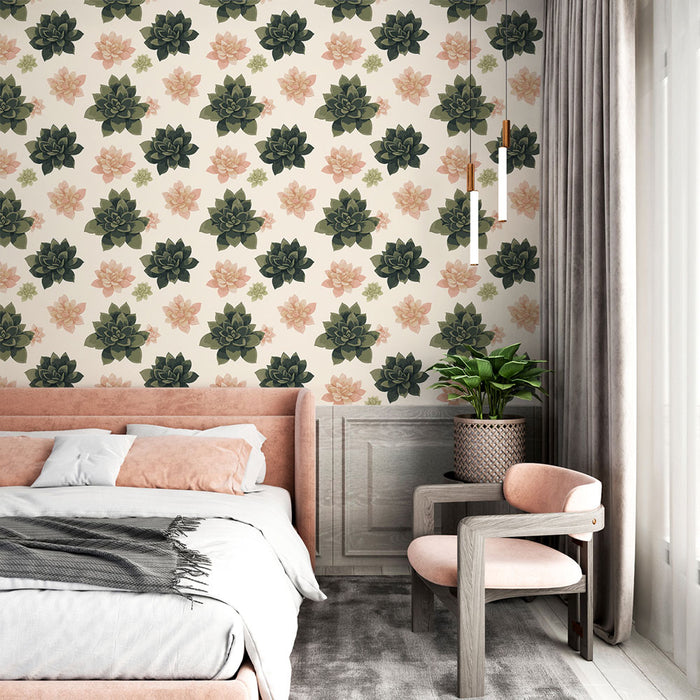 Une chambre apaisante avec un papier peint floral représentant des succulentes vertes et roses sur fond clair, créant une atmosphère naturelle et douce.