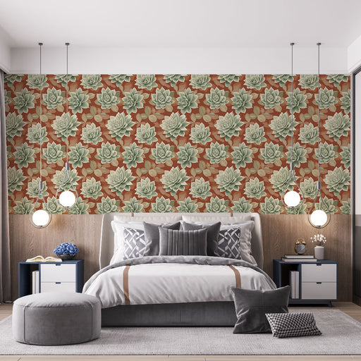Une chambre moderne avec un papier peint floral aux motifs de succulentes vertes sur fond terracotta, créant une atmosphère chaleureuse et accueillante.