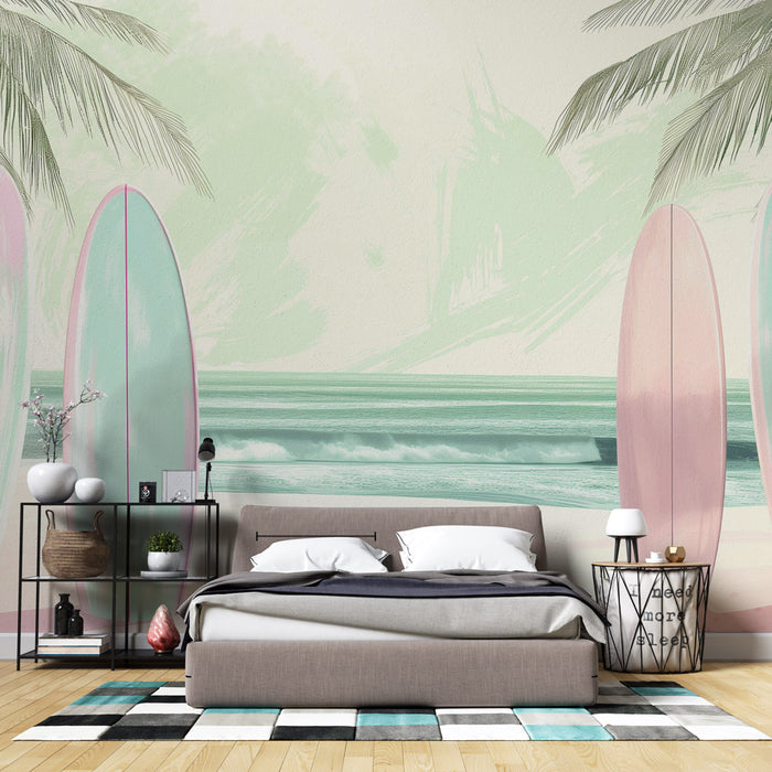 Papier peint surf | Planches et cocotier dessin pastel