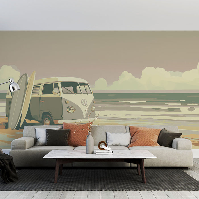 Une pièce de vie moderne avec un papier peint illustrant un van vintage sur la plage, créant une ambiance décontractée et estivale.