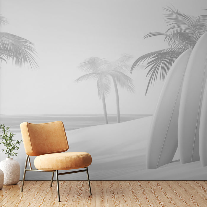 Une pièce moderne avec un papier peint mural représentant une plage minimaliste en noir et blanc, évoquant une ambiance sereine et estivale.