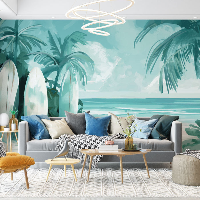 Un salon lumineux avec un papier peint tropical aux teintes turquoise illustrant des palmiers et des planches de surf, créant une ambiance estivale et relaxante.